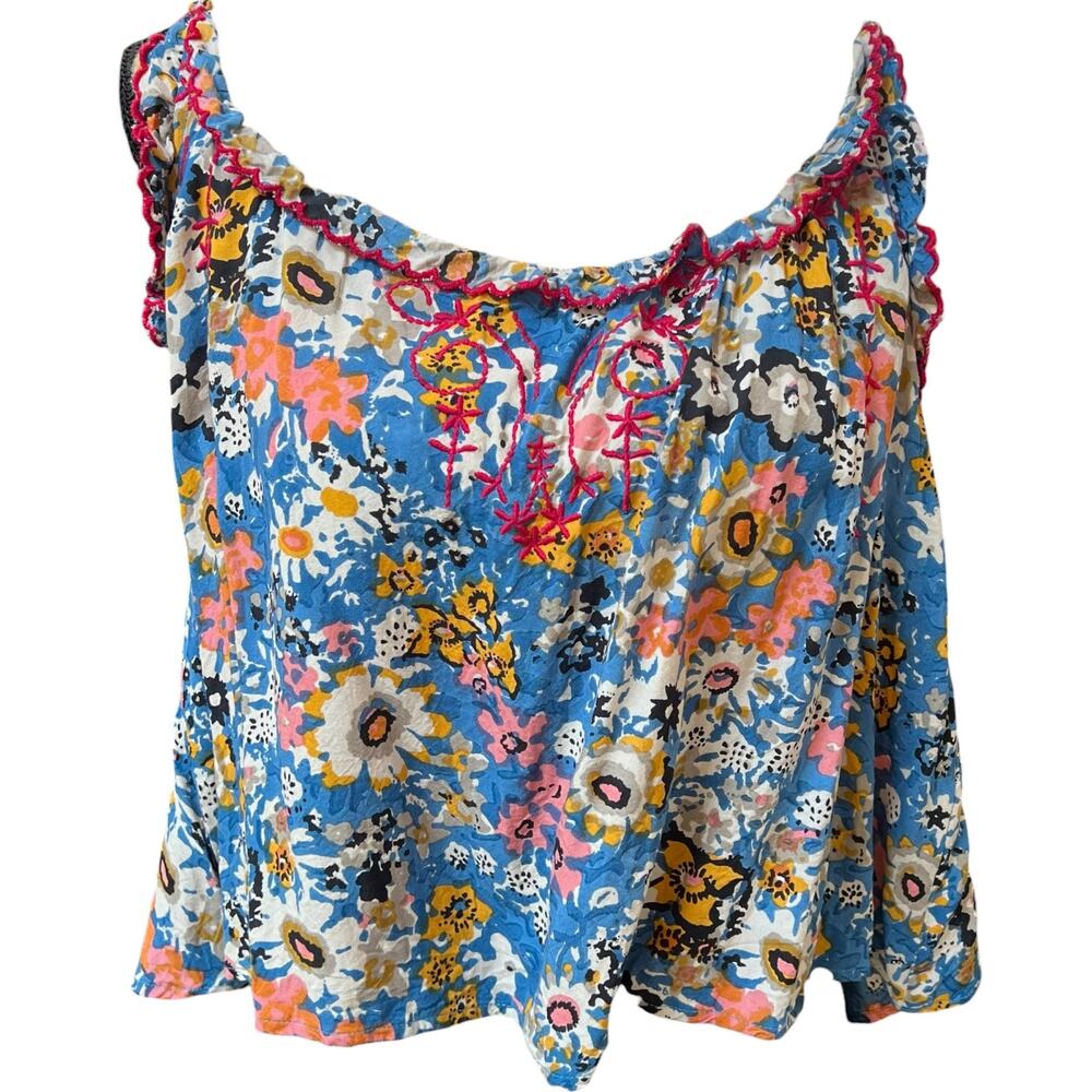 Natural Life XL Blue Floral Embroidered Boho Peasant Blouse Top Colorful